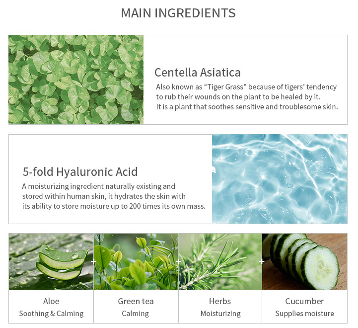 product ingredients including centella siatica, 5 fold hyaluronic acid, aloe soothing & calming, herbs moisturizing,cucumber supplies moisture